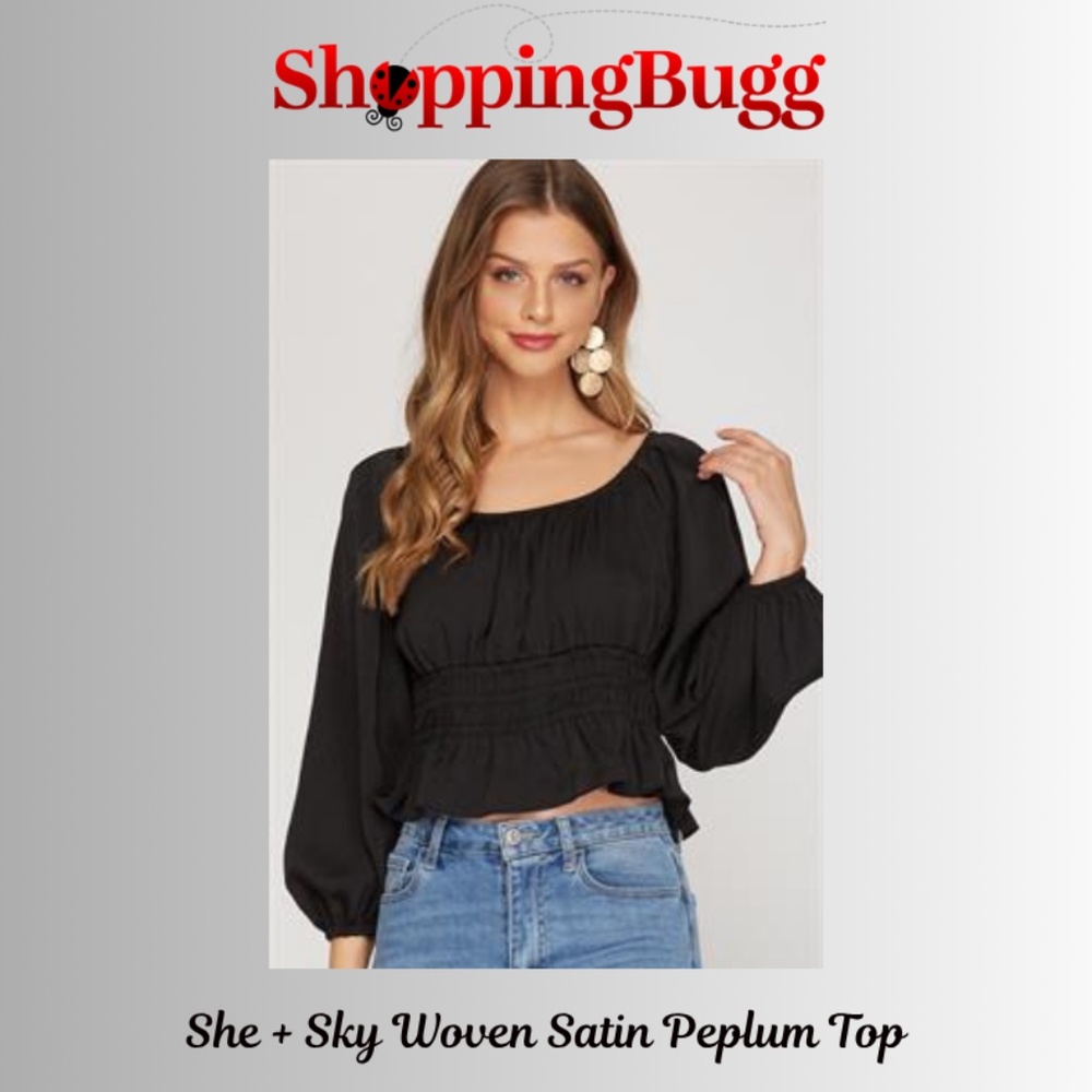 She + Sky Black 3/4 Sleeve Satin Peplum Top with Open Back Tie Detail ✨ (1376)